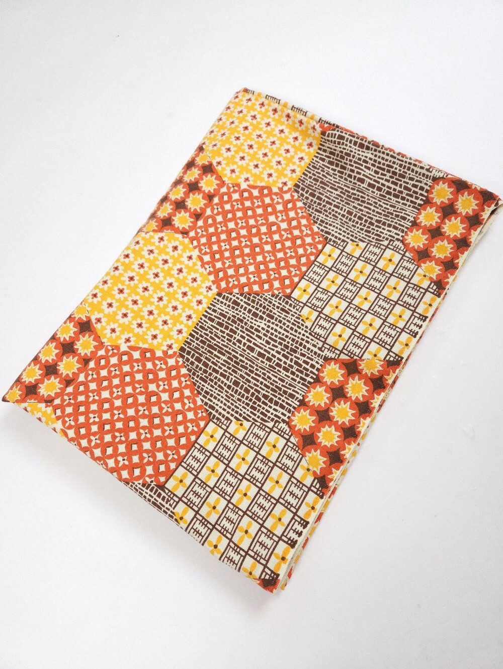 Vintage Woven Cotton Fabric 70s Honeycomb Brown Orange Yellow 66x50 In